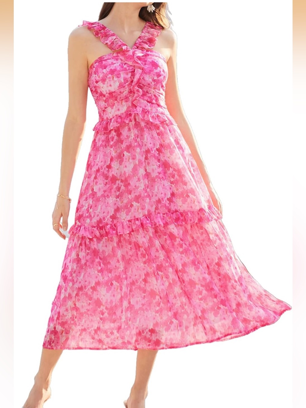 Grace Karin Summer Boho Floral Tiered Dress Pink Size Medium